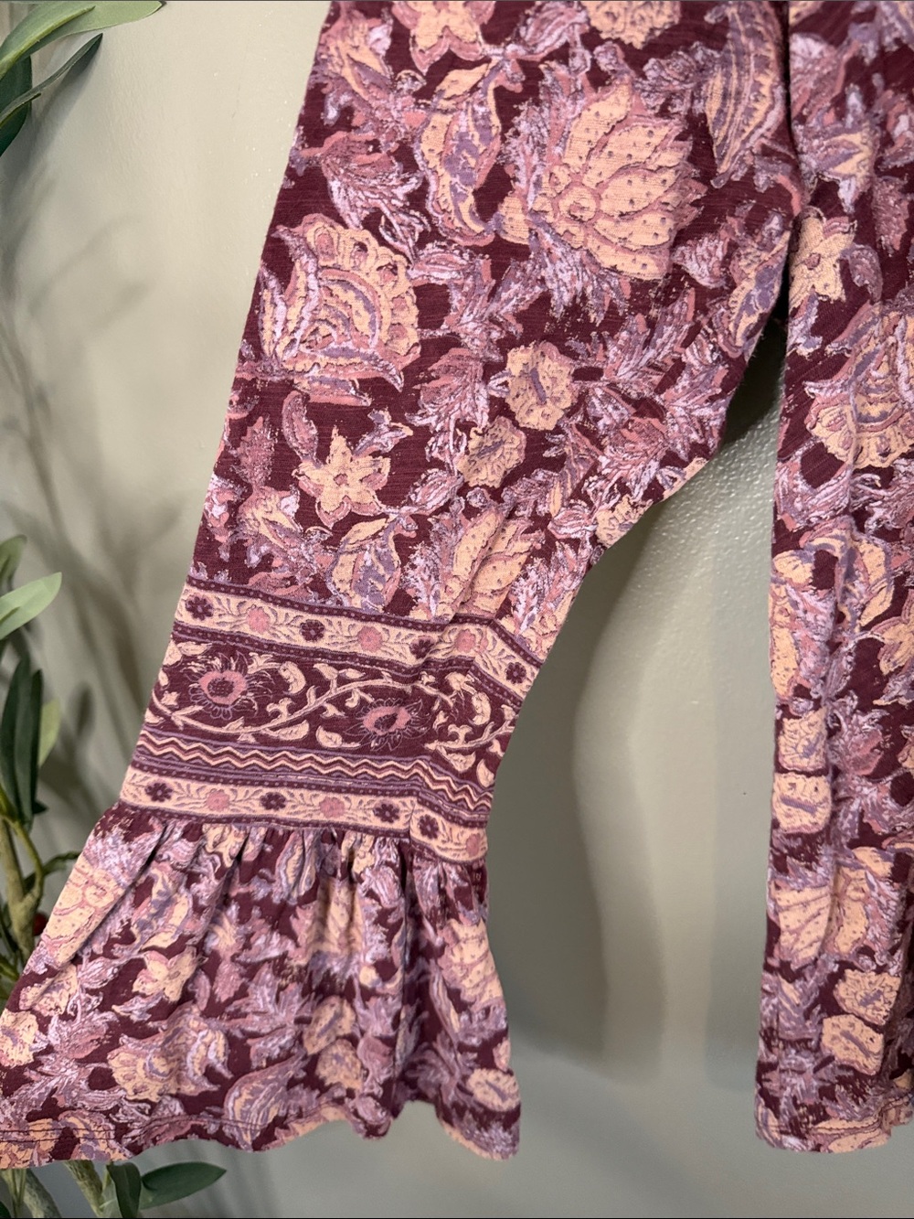 Lucky Brand Floral Bell Sleeve Top Large Boho Paisley Peplum Cotton Modal Purple - Picture 8 of 8